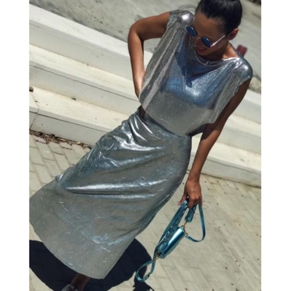Micas Metallic Silver Midi Skirt Party Cocktail Evening Elastic Waist Size M